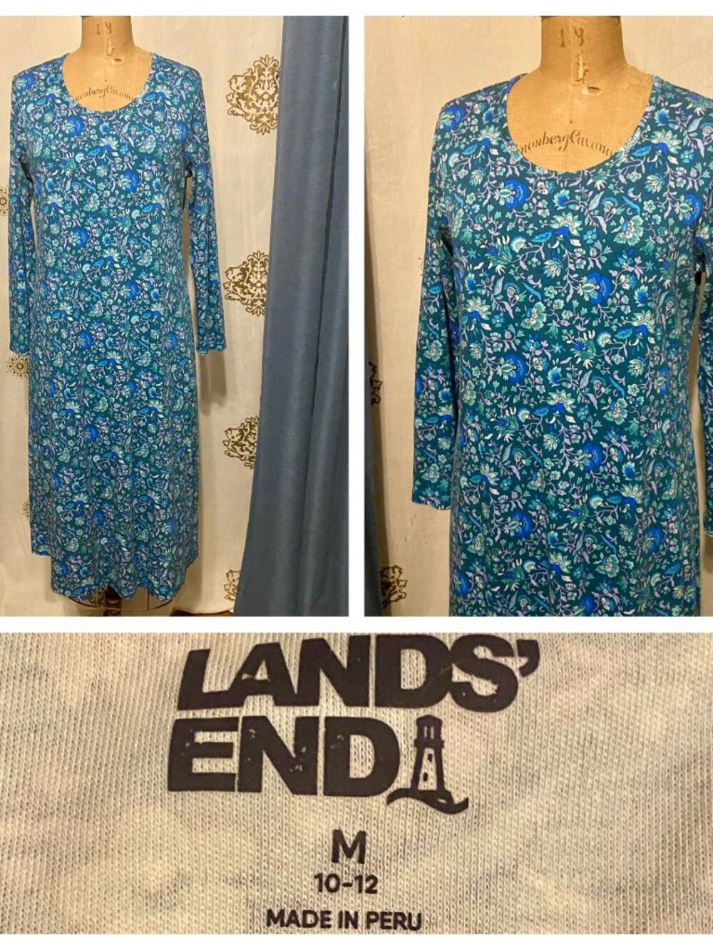 Lands End M (10-12) Blue Floral Cotton Midi Nightgown Long Sleeve Cottagecore
